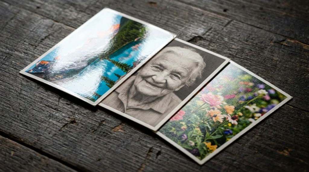 Close-up of three wallet photos demonstrating glossy, matte, and lustre paper finishes.