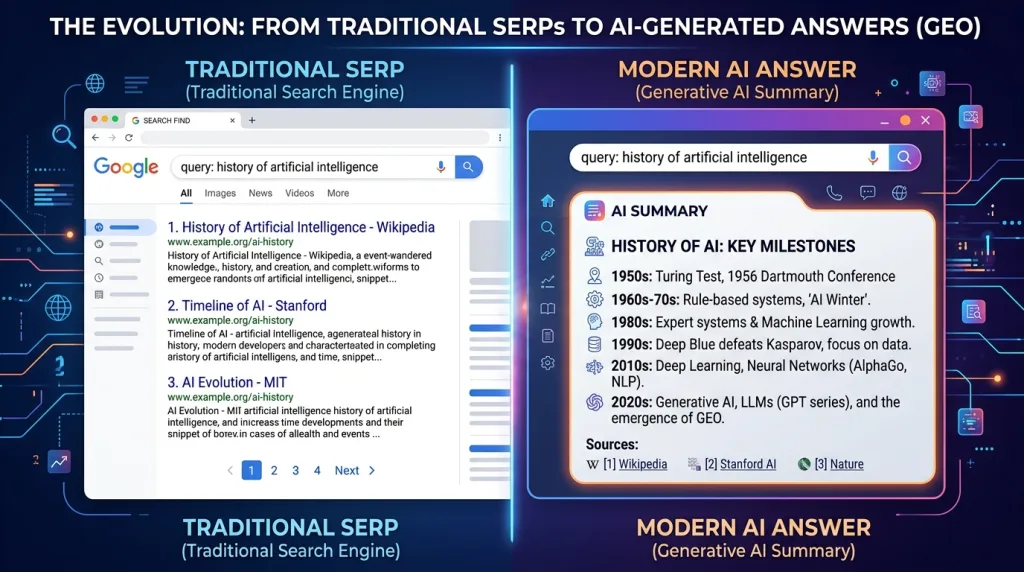 Comparison between traditional search engine result pages and modern AI-generated search overviews.
