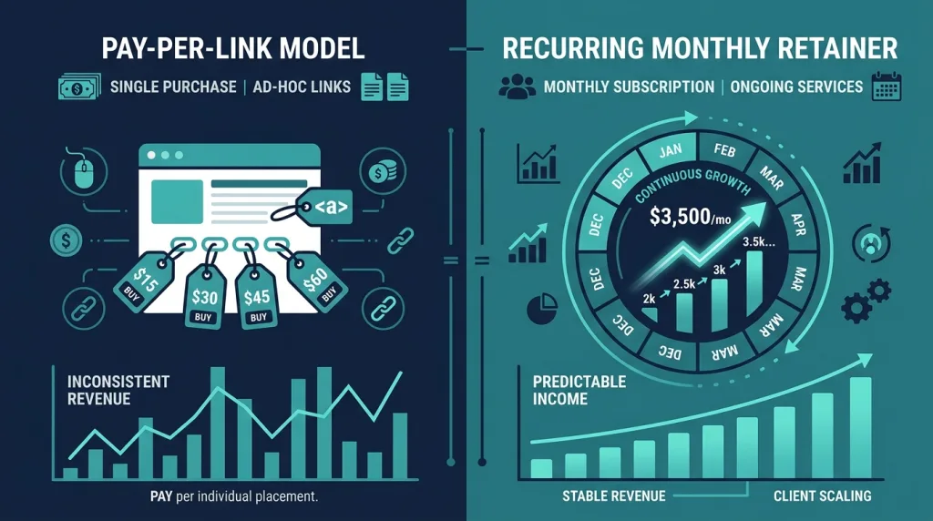 Comparison graphic of pay-per-link versus monthly retainer link building pricing structures