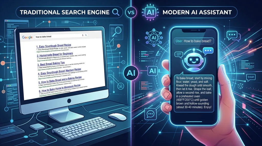 Comparison graphic showing traditional SEO blue links versus modern Generative Engine Optimization AI chat results.