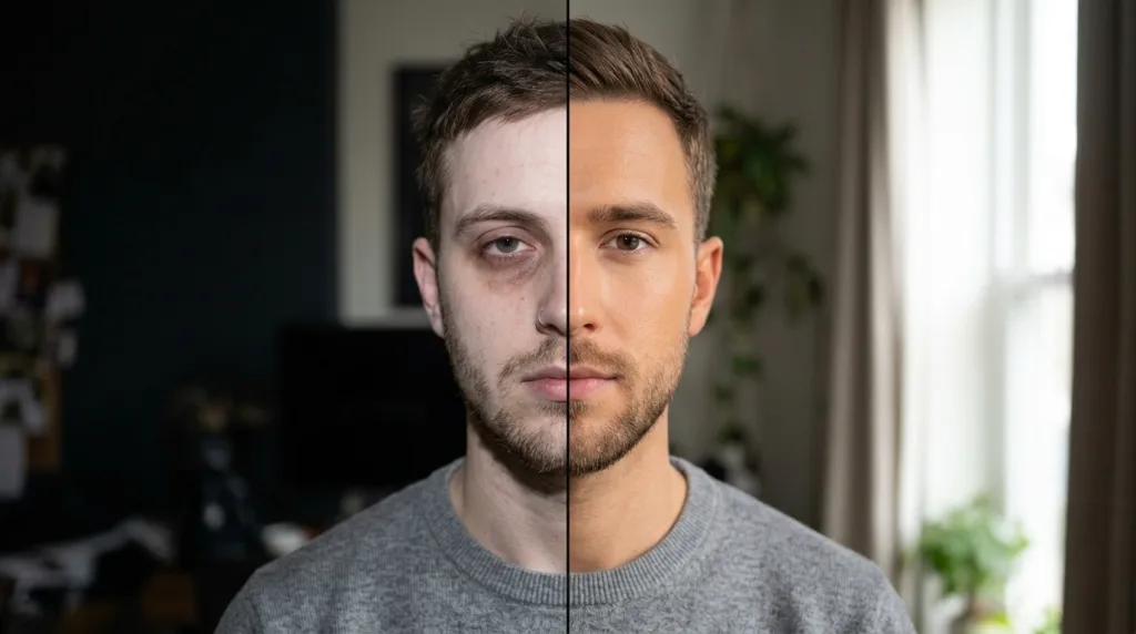 Comparison of a face lit by harsh direct camera flash versus soft, flattering natural window lighting.