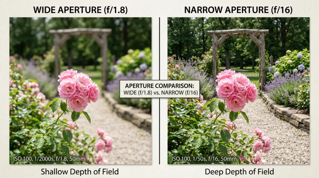 Comparison of wide aperture f1.8 and narrow aperture f16 f-stops