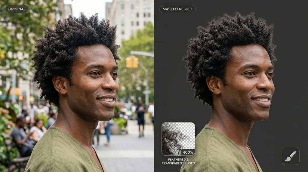 Macro view of detailed hair strand isolation using background removal tools