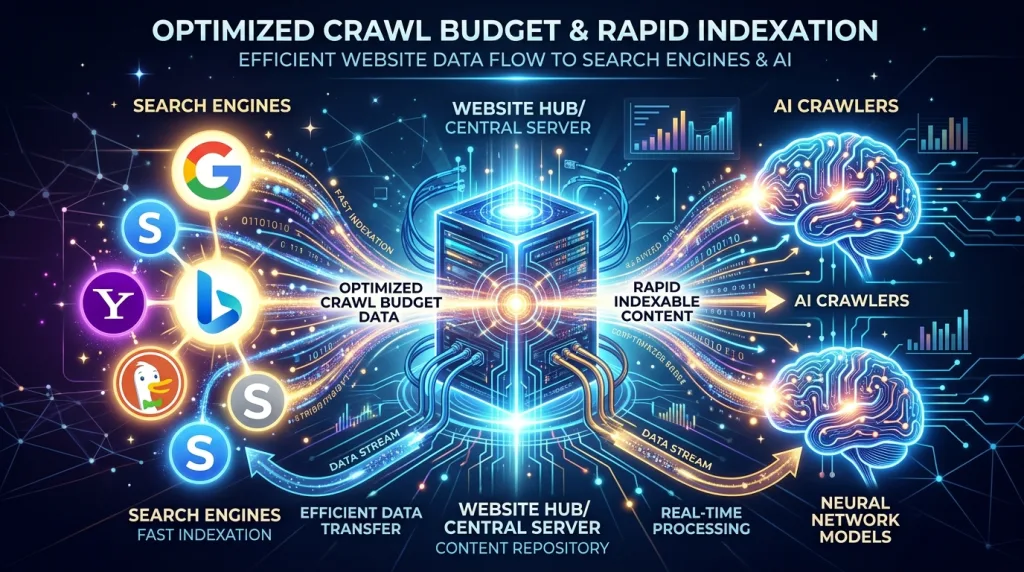 Conceptual graphic illustrating efficient data flow from a website server to traditional search engines and generative AI bots.