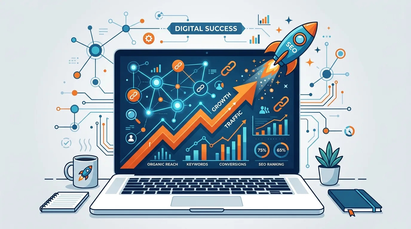 Conceptual illustration showing guest posting, SEO growth, and connecting digital links.