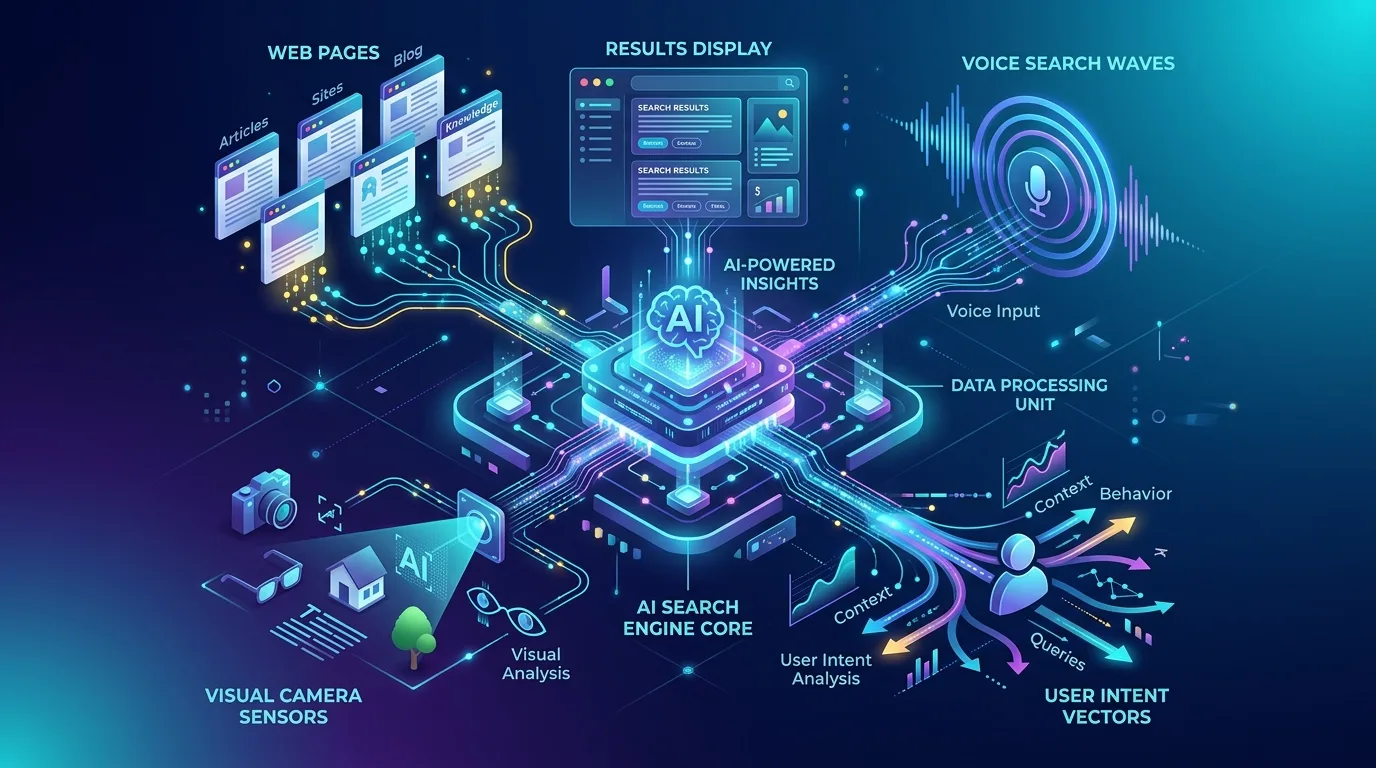 Conceptual visualization of how modern search engines process, crawl, and rank digital information in 2026.