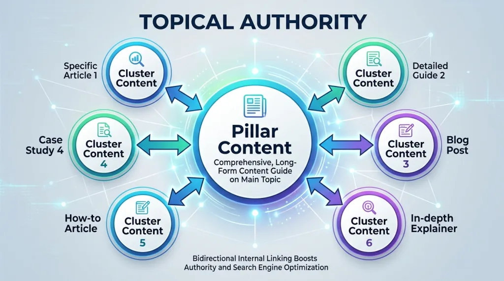 Diagram showing a content cluster strategy with a central pillar page linking to multiple supporting subtopic pages