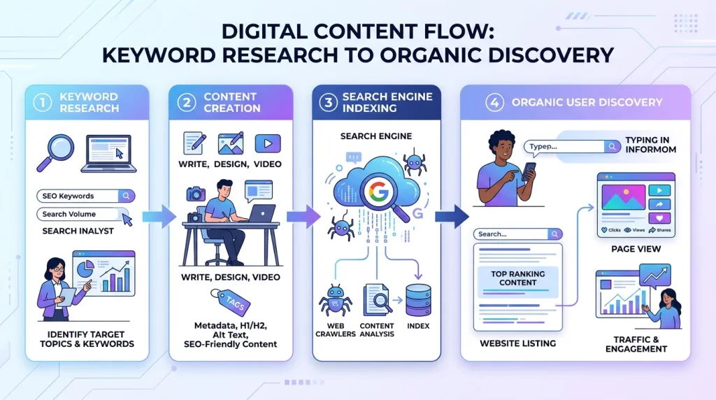 Content marketing digital framework diagram showing keyword research and organic reach
