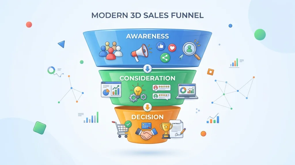 Content marketing funnel stages showing Awareness, Consideration, and Decision