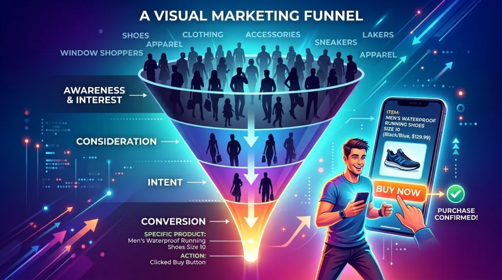 Conversion funnel comparing the traffic intent of broad keywords to long-tail keywords.