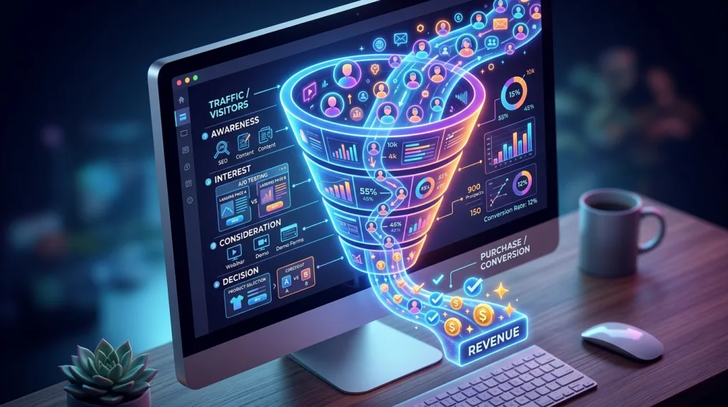 Conversion rate optimization funnel transforming website visitors into active customers.
