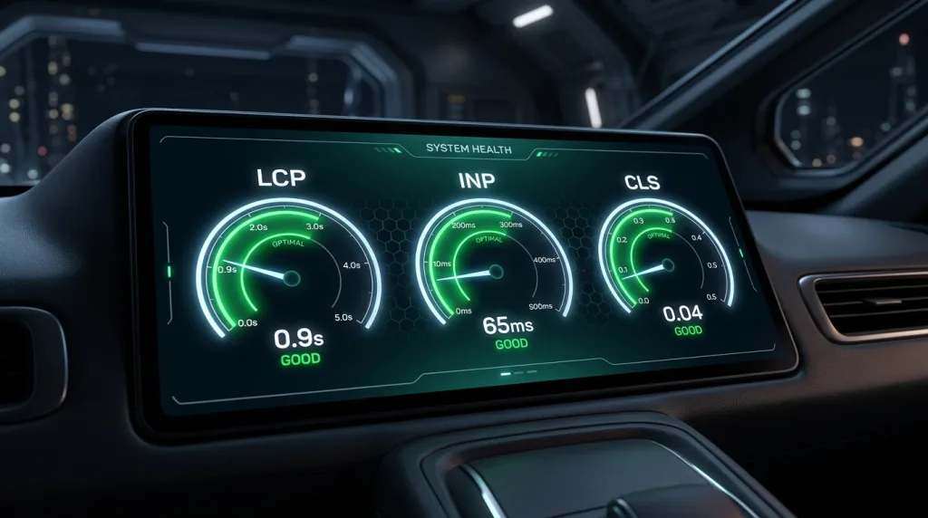 Core Web Vitals dashboard showing passing scores for LCP, INP, and CLS metrics.