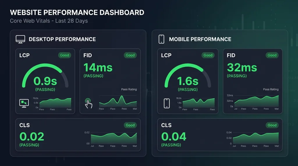 Core Web Vitals performance dashboard showing good scores for LCP, FID, and CLS