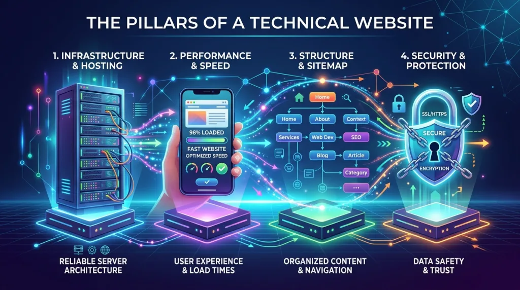 Core components of a technical SEO audit including site architecture, mobile usability, and server security