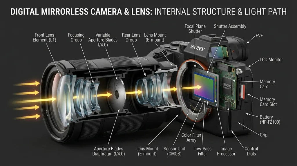 Cross section diagram showing how light travels through a camera lens to the sensor
