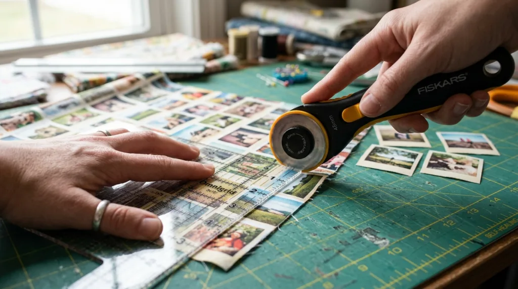 Cutting printed photo fabric squares with a rotary cutter and acrylic ruler