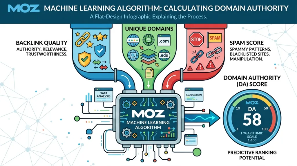 Infographic illustrating the backlink and quality factors Moz uses to calculate a website's Domain Authority