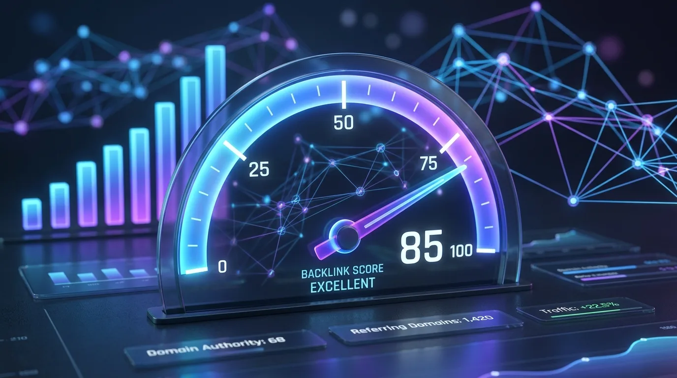 3D illustration of a digital gauge showing a high Domain Authority score with upward trending charts in the background