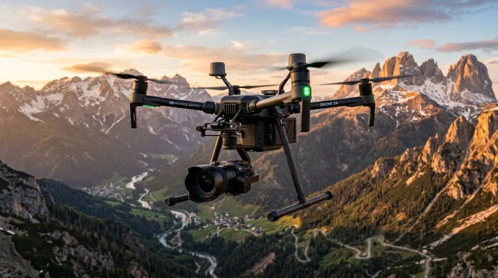 DJI professional camera drone flying over a scenic mountain landscape during golden hour.
