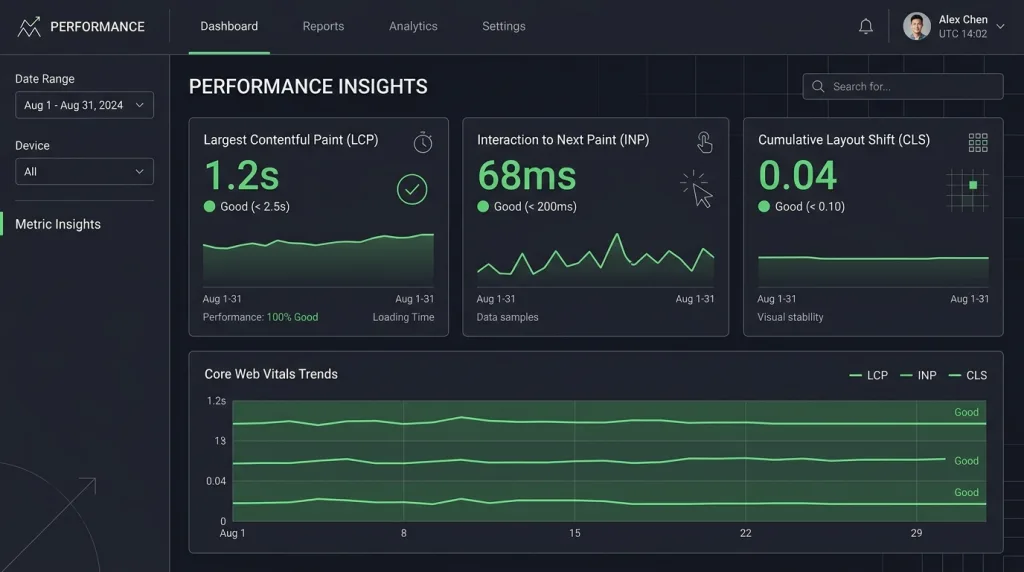 Dashboard graphic highlighting performance benchmarks for LCP, INP, and CLS Core Web Vitals.