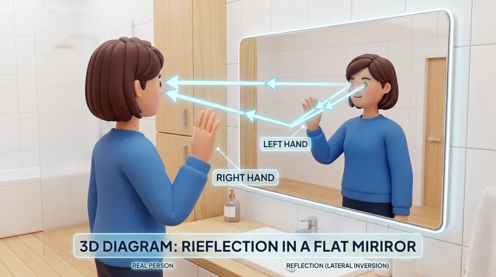 Diagram illustrating how a mirror reflects light to create a laterally inverted virtual image of a human face.