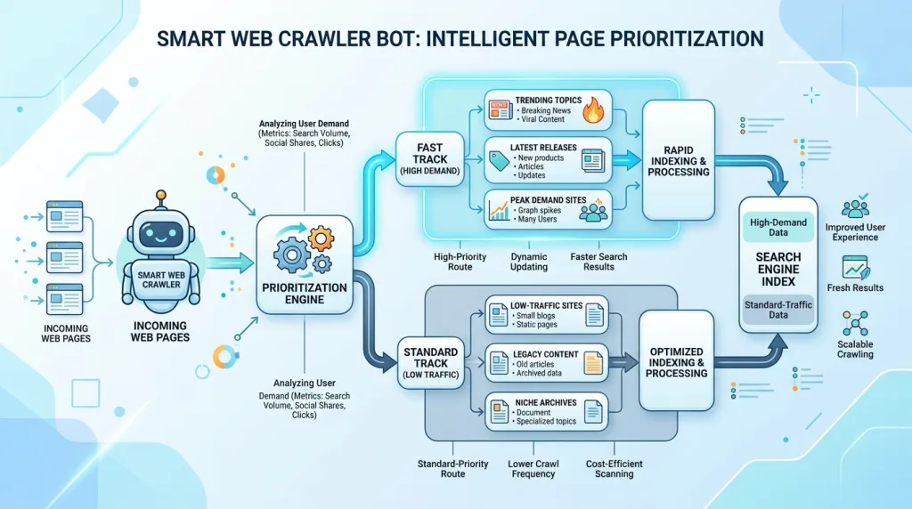 Diagram illustrating smart web crawler prioritization and crawl budget allocation for web pages.