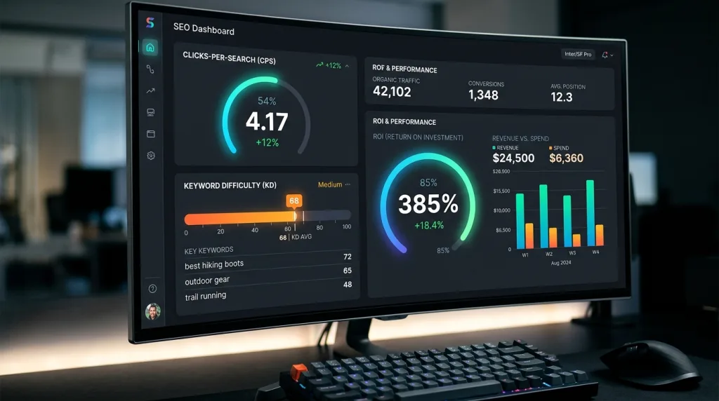 Digital SEO dashboard displaying keyword difficulty, search volume, and clicks-per-search metrics.