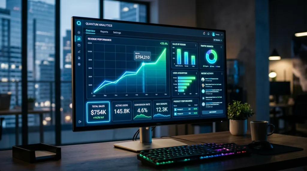 Digital analytics dashboard showing upward trending website traffic and SEO metrics.