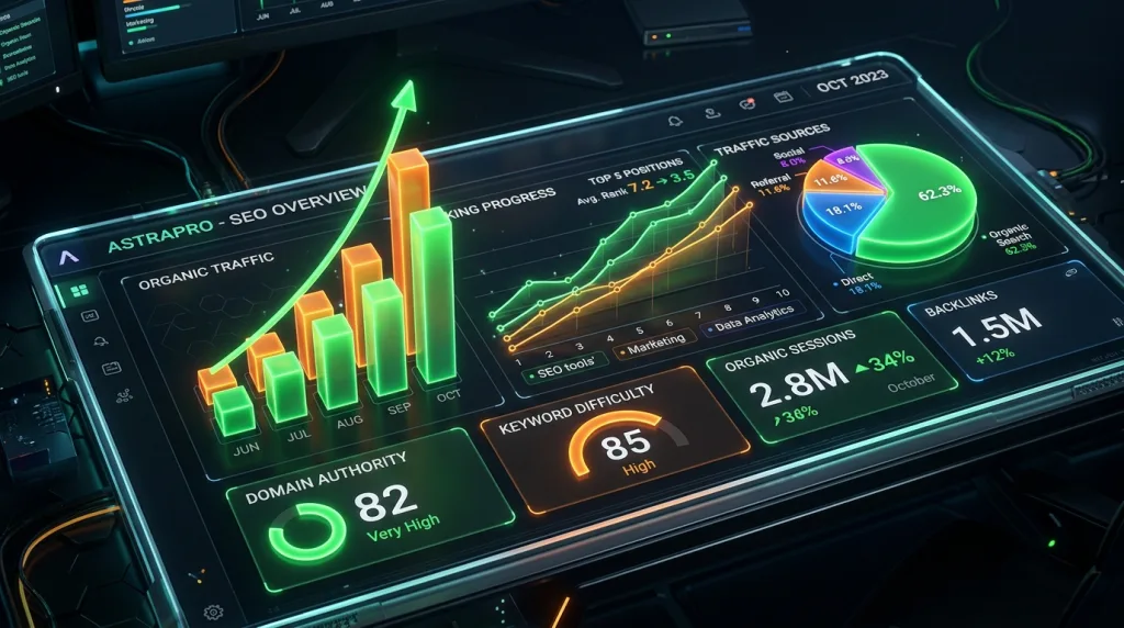 Digital dashboard displaying SEO metrics including keyword difficulty and domain authority.