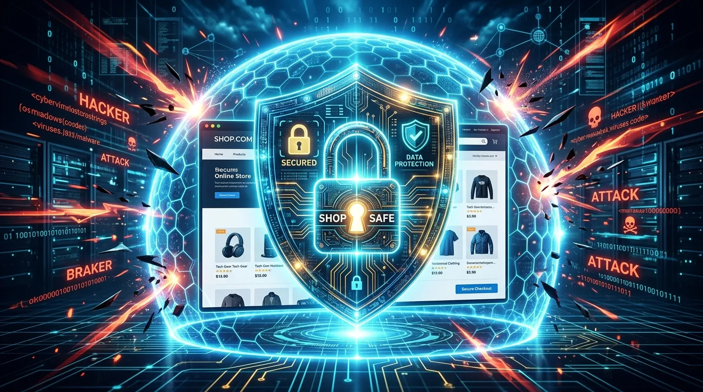 Digital glowing shield and padlock protecting a web storefront from cyber threats.