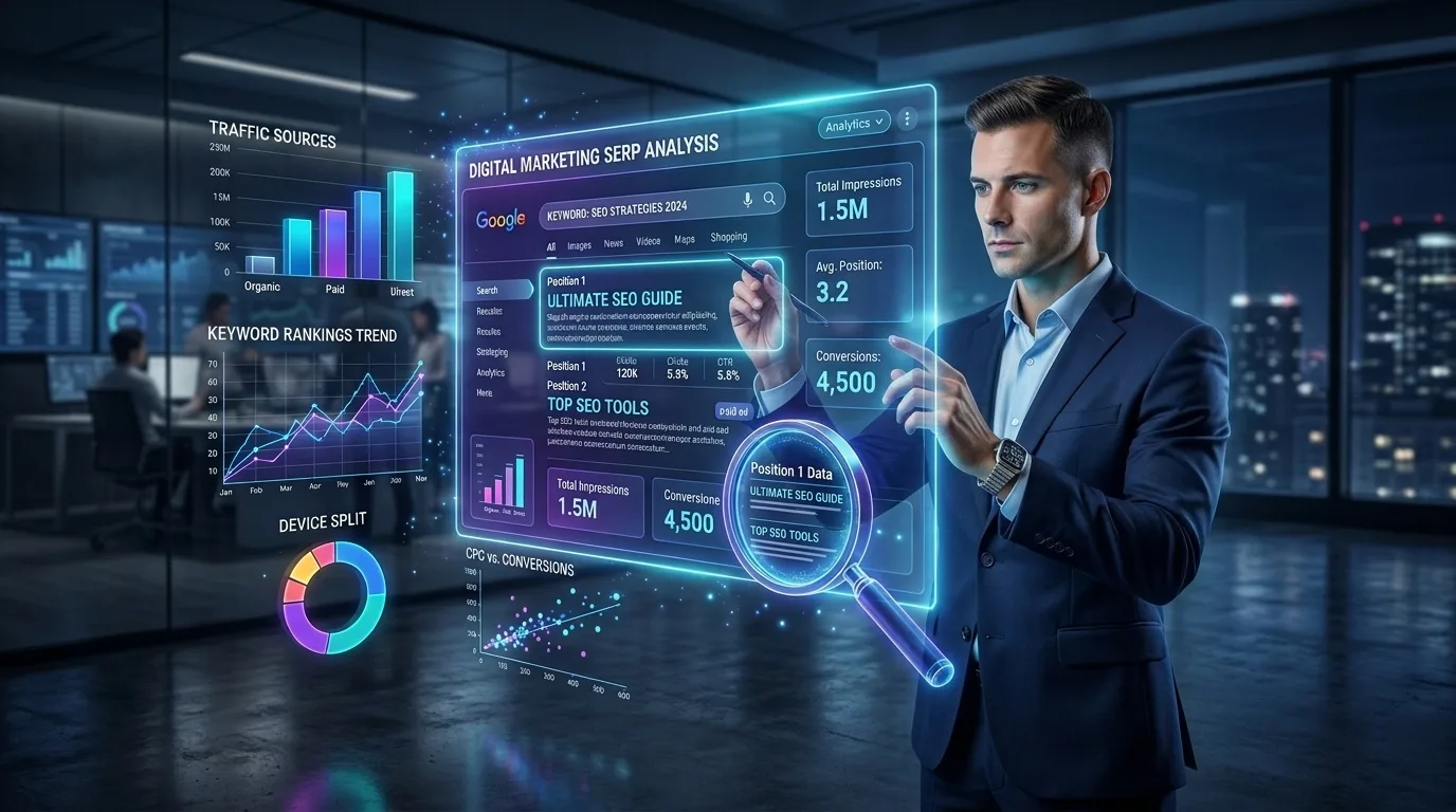 Digital marketer analyzing search engine results and SEO data metrics on a modern screen.