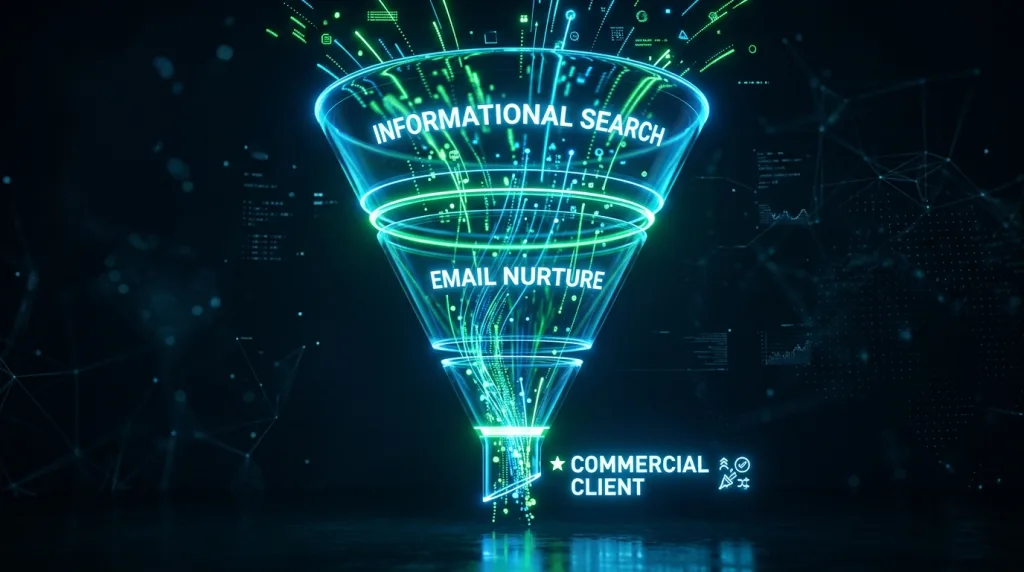 Digital marketing funnel illustrating the soft conversion strategy from informational search traffic to commercial client.