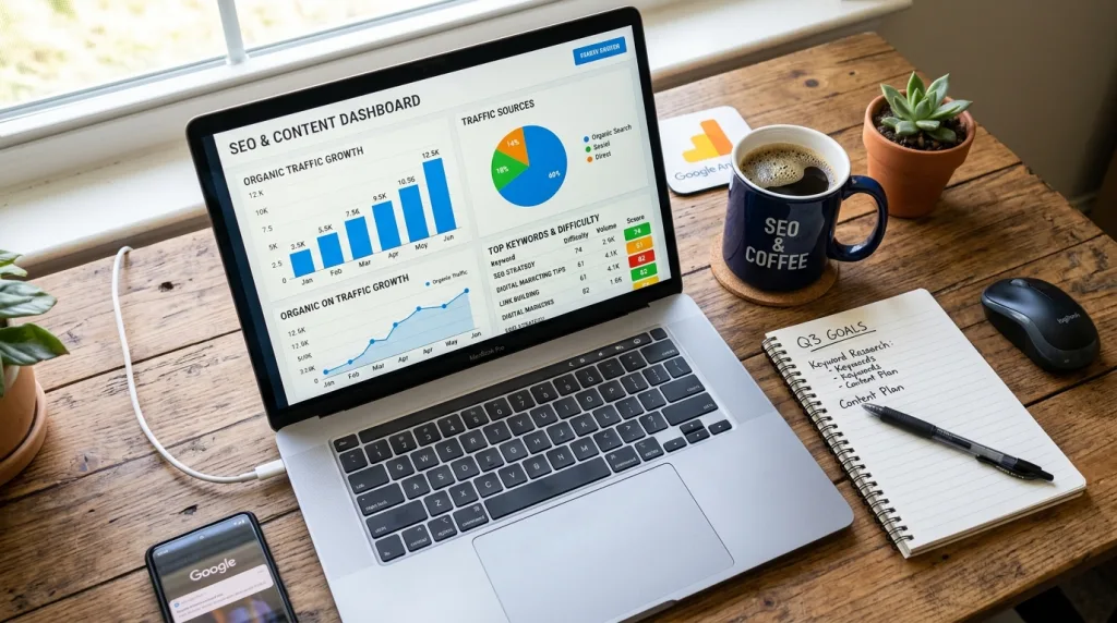 Digital marketing professional analyzing keyword research data and SEO metrics on a dashboard.