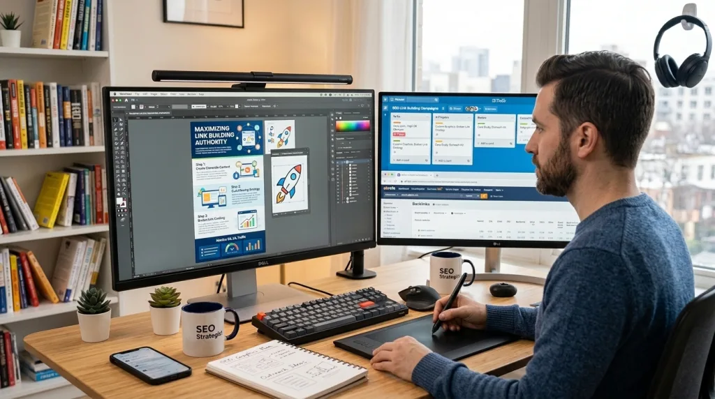Digital workspace showing the creation of custom graphics for SEO link building.