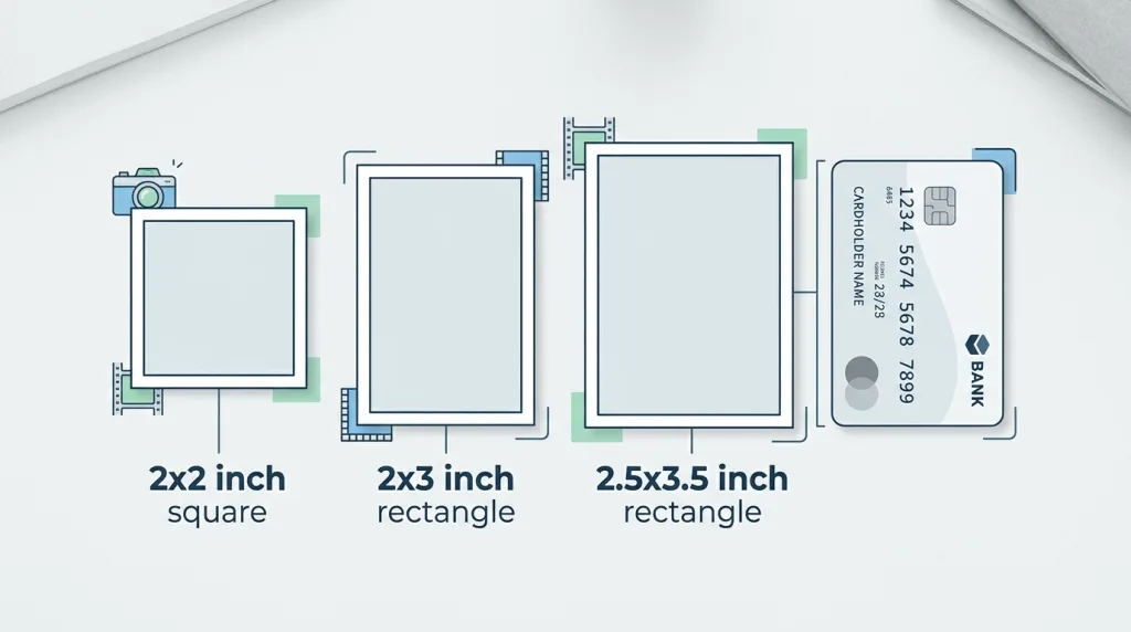 Dimension comparison graphic showing 2x2 inch, 2x3 inch, and 2.5x3.5 inch wallet photo sizes next to a credit card.