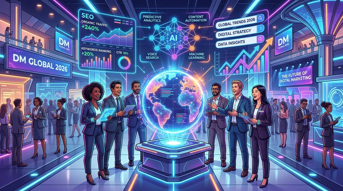 Diverse SEO professionals networking around a holographic globe and digital data charts at a 2026 tech conference.