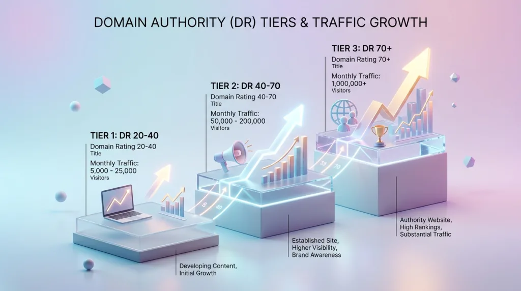 Domain authority rating tiers showing website quality levels and link building pricing scales