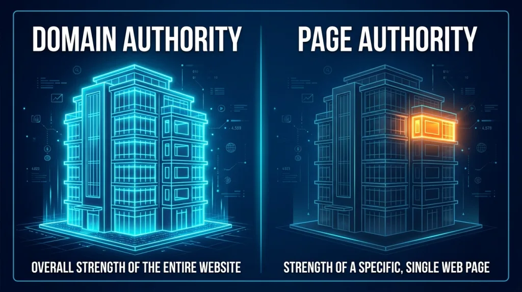 Visual comparison showing Domain Authority evaluating an entire website versus Page Authority evaluating a single web page
