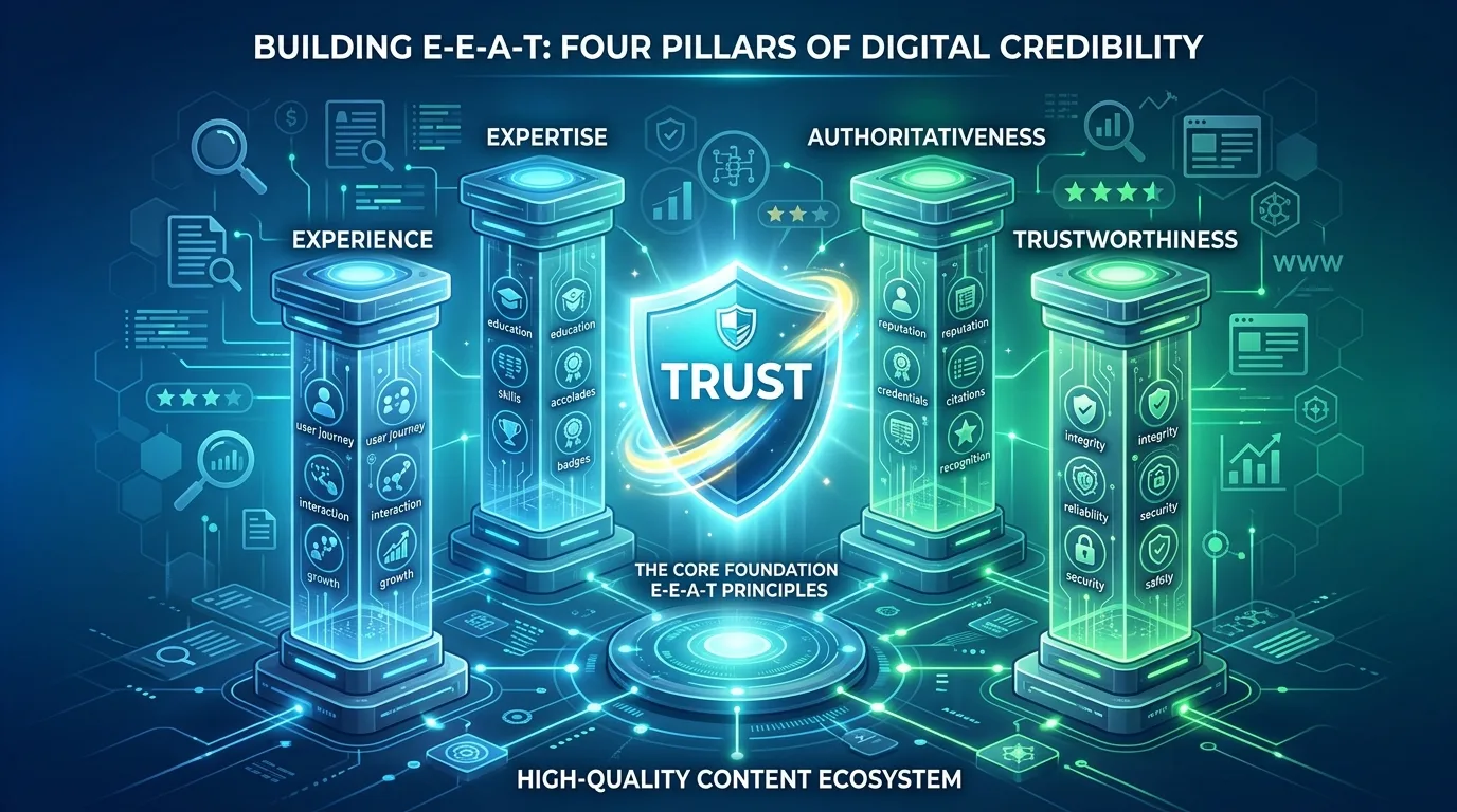 Google E-E-A-T framework showing Experience, Expertise, Authoritativeness, and Trustworthiness pillars