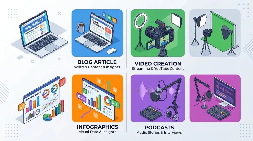 Four main types of content marketing including blogs, videos, infographics, and podcasts
