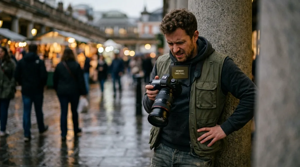 Frustrated photographer looking at a memory card full error message on a camera screen