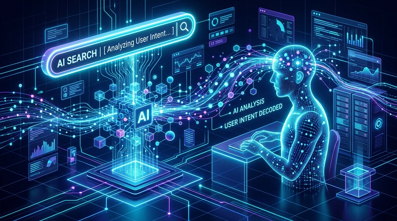 Futuristic search bar representing informational keywords and AI search intent.