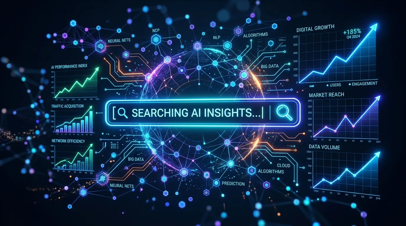 Futuristic search bar surrounded by data analytics and SEO performance charts.