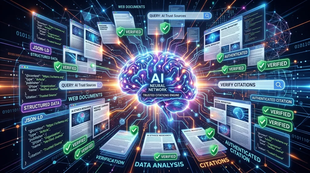 Generative Engine Optimization AI processing structured web content for future search visibility.