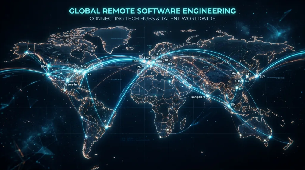 Illuminated world map highlighting remote tech hubs and global developer compensation connections.