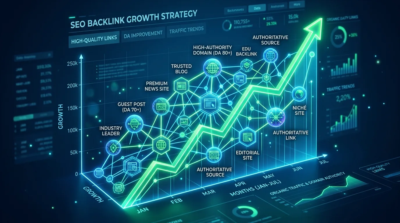 Glowing network of interconnected nodes representing high-quality SEO backlinks and rising search rankings.