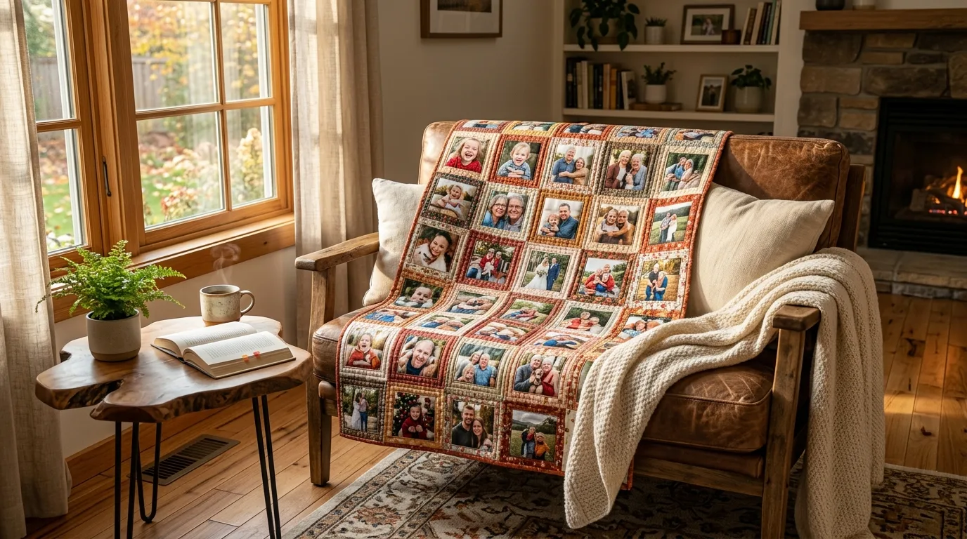 Handmade DIY photo quilt memory blanket draped over a cozy armchair