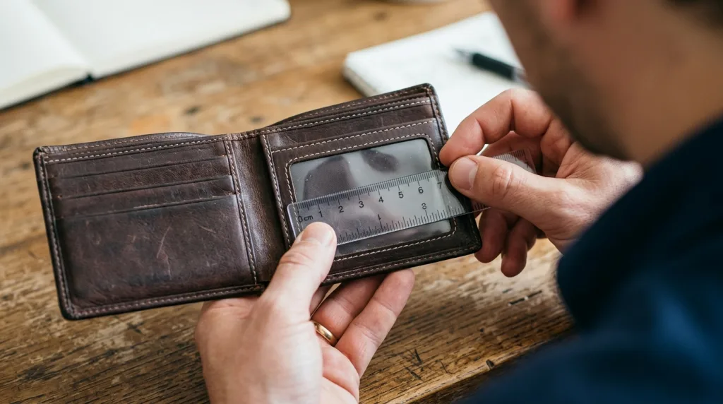 Hands using a ruler to measure the exact width and height of an empty transparent wallet photo slot.