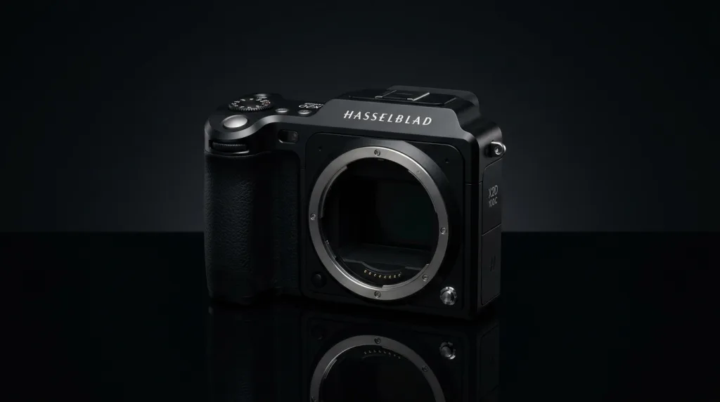 Hasselblad medium-format camera body in a professional photography studio setting.