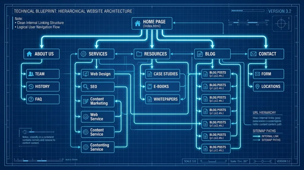 Hierarchical website structure and architecture blueprint for technical SEO.
